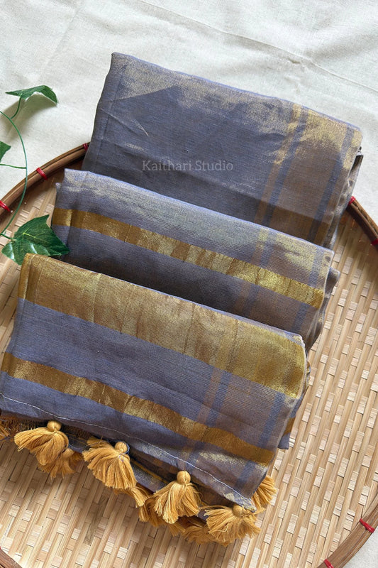 Linen Zari Tissue Saree – Ash – KS086