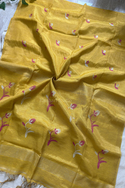Handloom Tulip Linen Zari Saree - Yellow - KS108