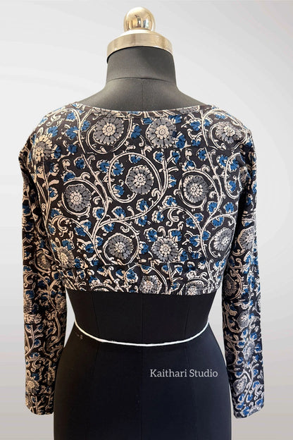 Kalamkari Handblock Printed Stretchable Readymade Blouse - Blue KS142