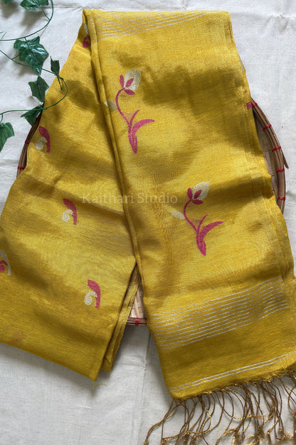 Handloom Tulip Linen Zari Saree - Yellow - KS108