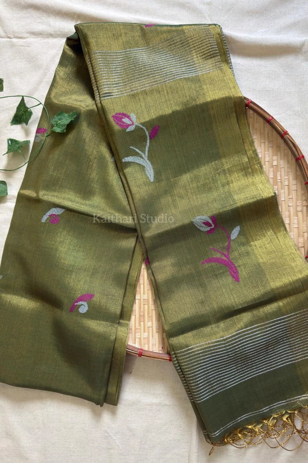 Handloom Tulip Linen Zari Saree - Mehendi Green - KS109