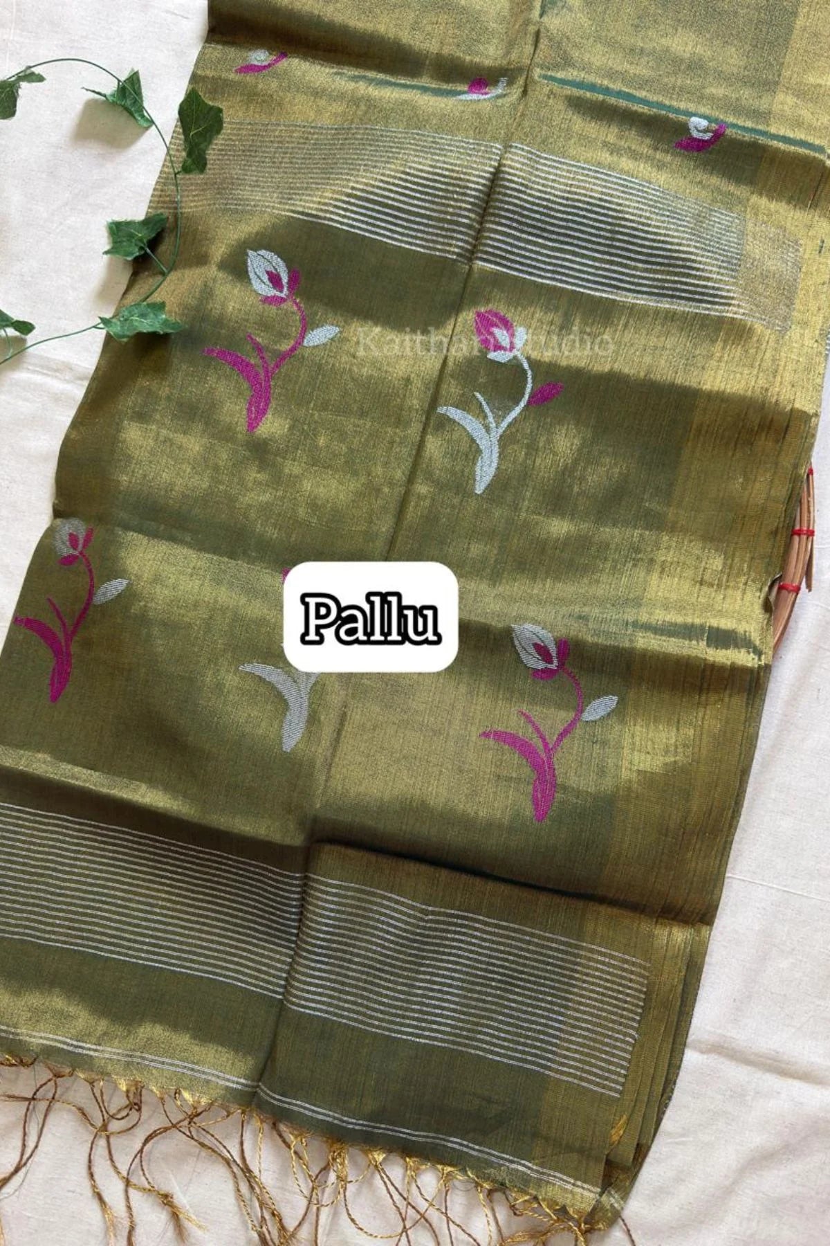 Handloom Tulip Linen Zari Saree - Mehendi Green - KS109