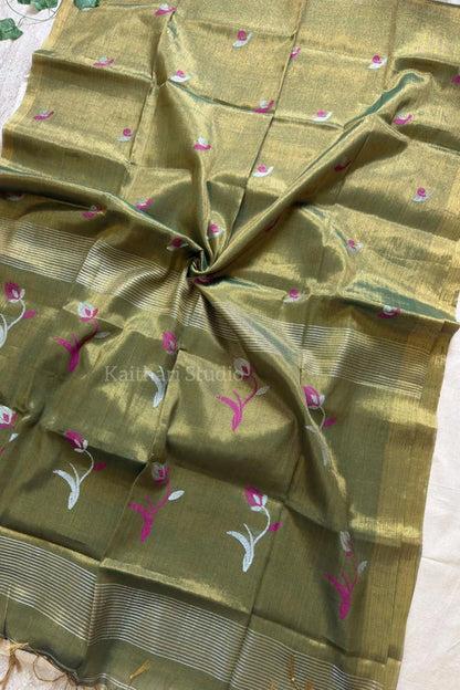 Handloom Tulip Linen Zari Saree - Mehendi Green - KS109