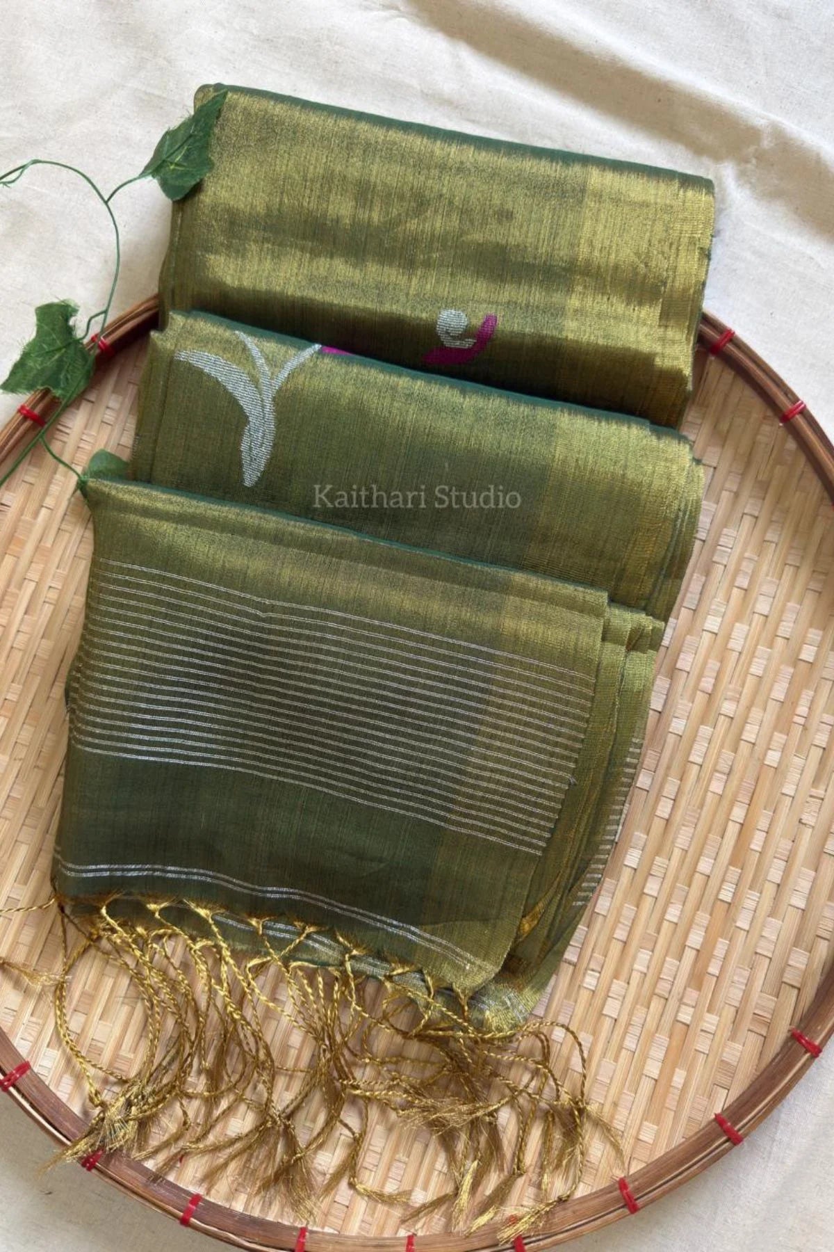 Handloom Tulip Linen Zari Saree - Mehendi Green - KS109