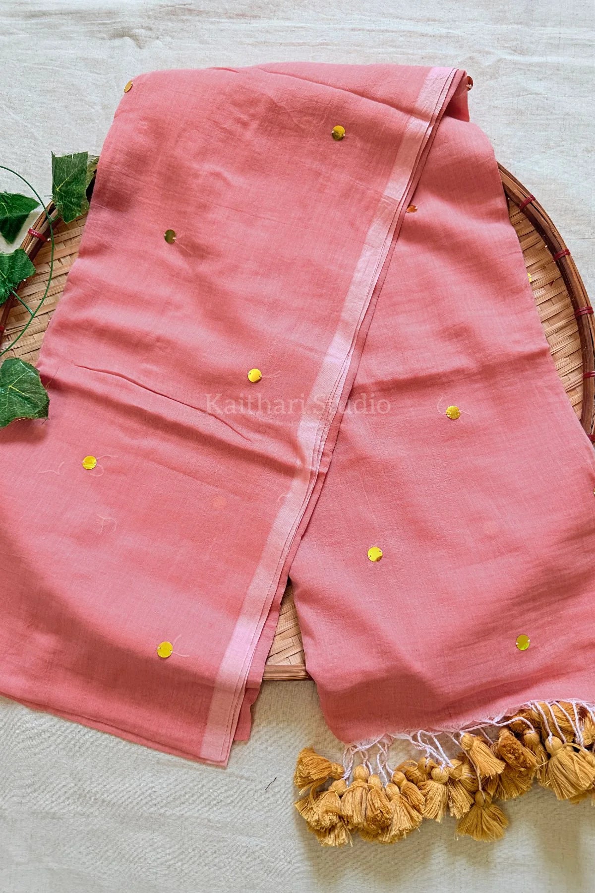 Rashmika Mandanna Inspired Mul Cotton Sequins Saree – Light Peach KS129