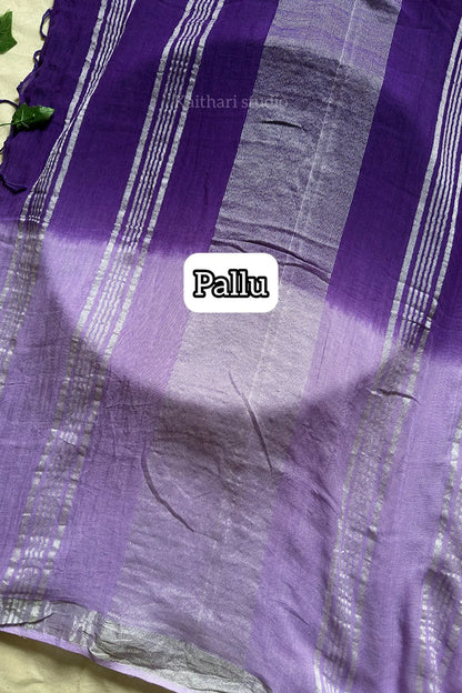 Hand Embroidered Linen Cotton Saree- Lavender - KS082