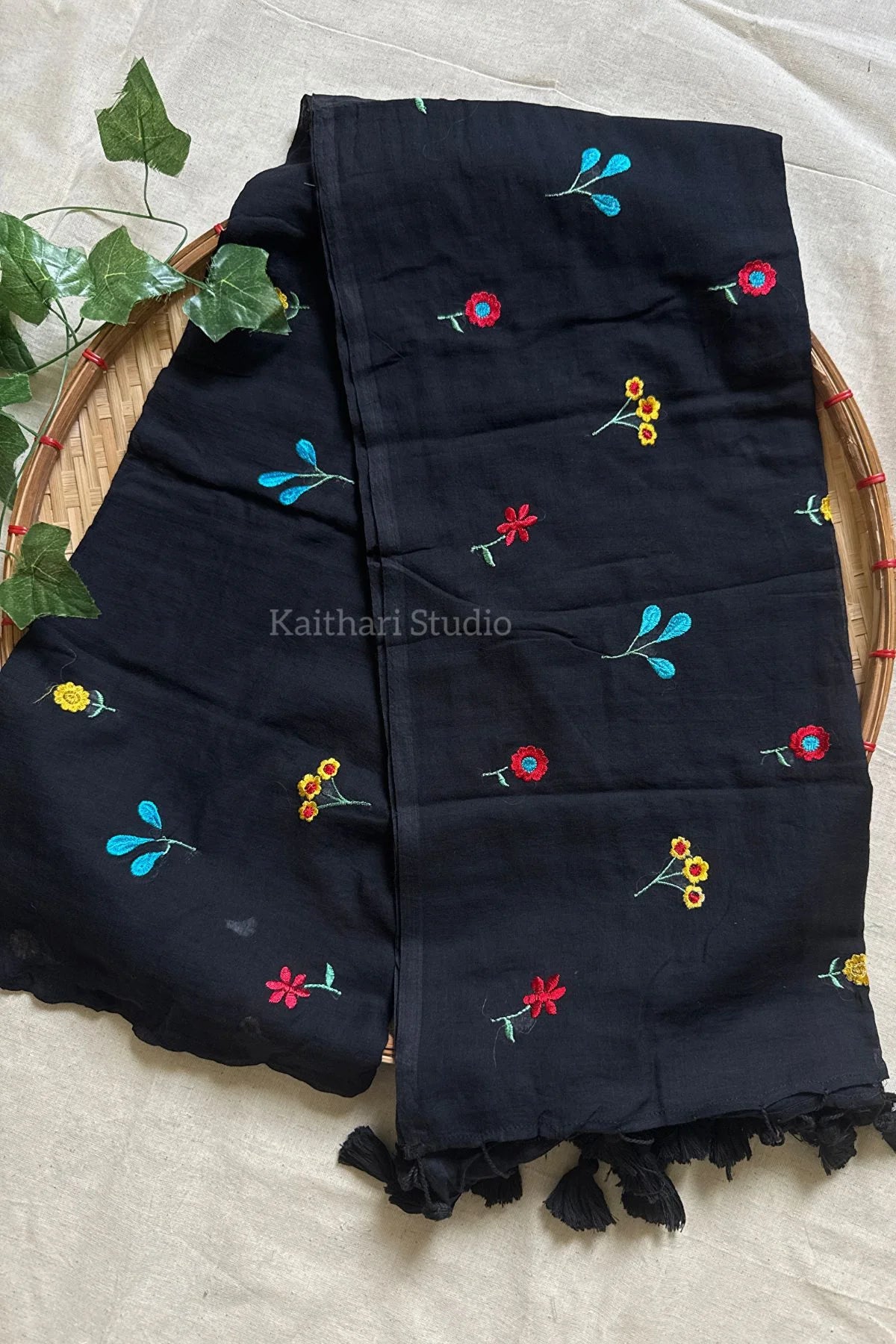 Multicolor Embroidery Mul Cotton Saree – Black - KS092