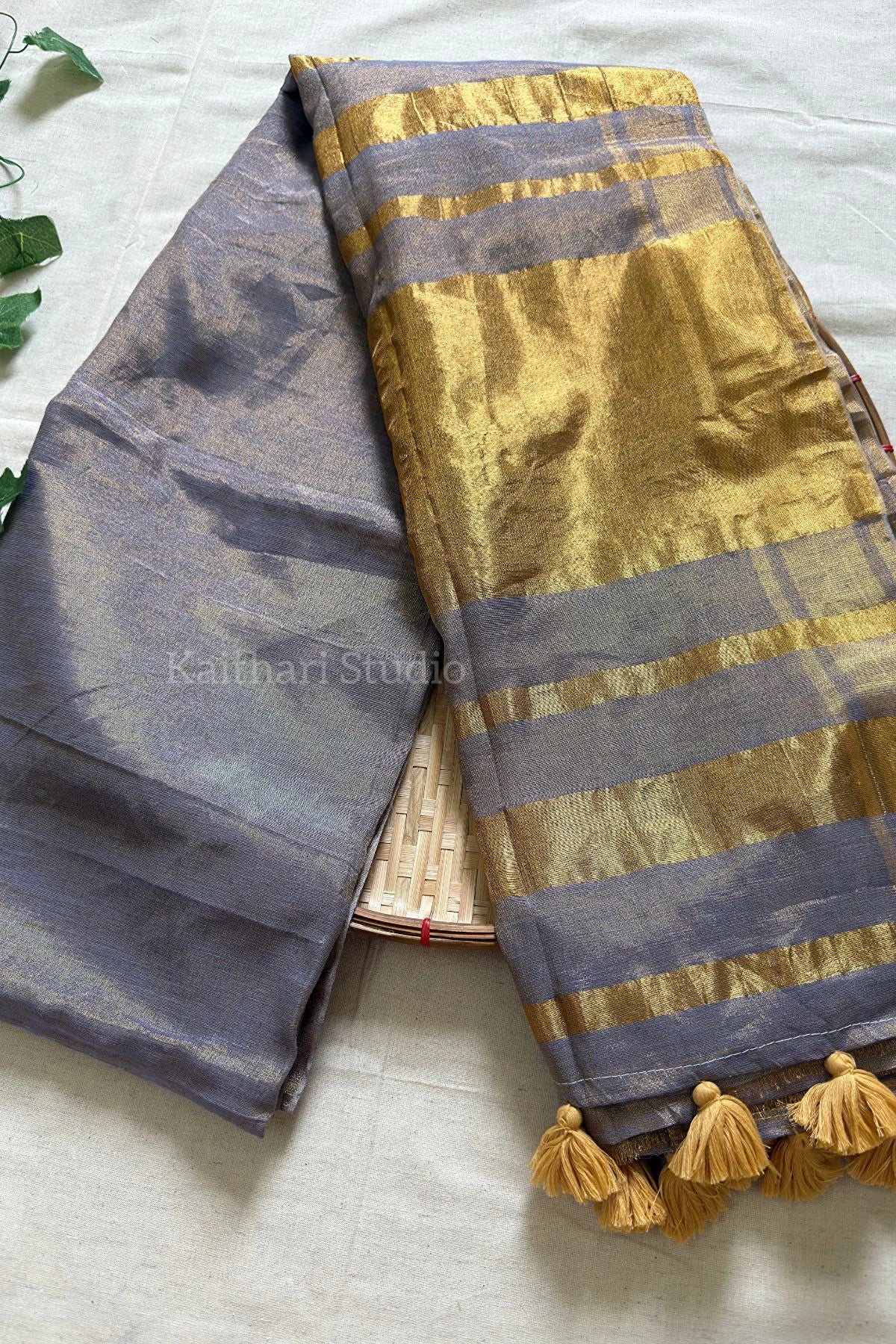 Linen Zari Tissue Saree – Ash – KS086