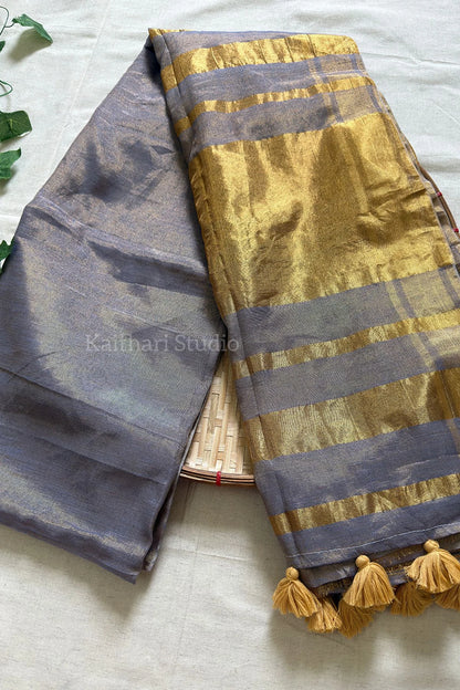 Linen Zari Tissue Saree – Ash – KS086
