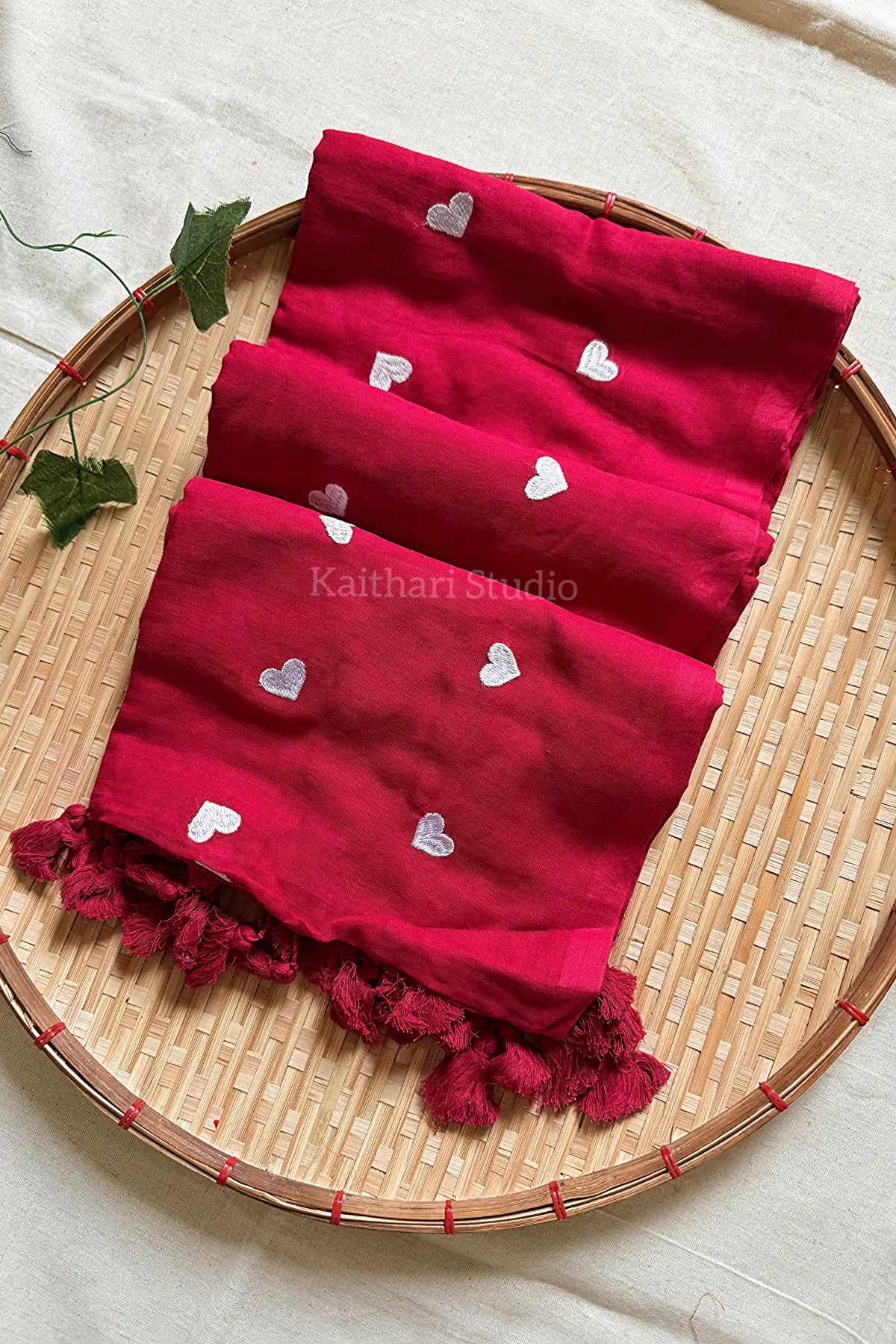Heart Embroidery Mul Cotton Sarees - Red- KS044