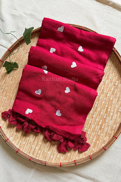 Heart Embroidery Mul Cotton Sarees - Red- KS044