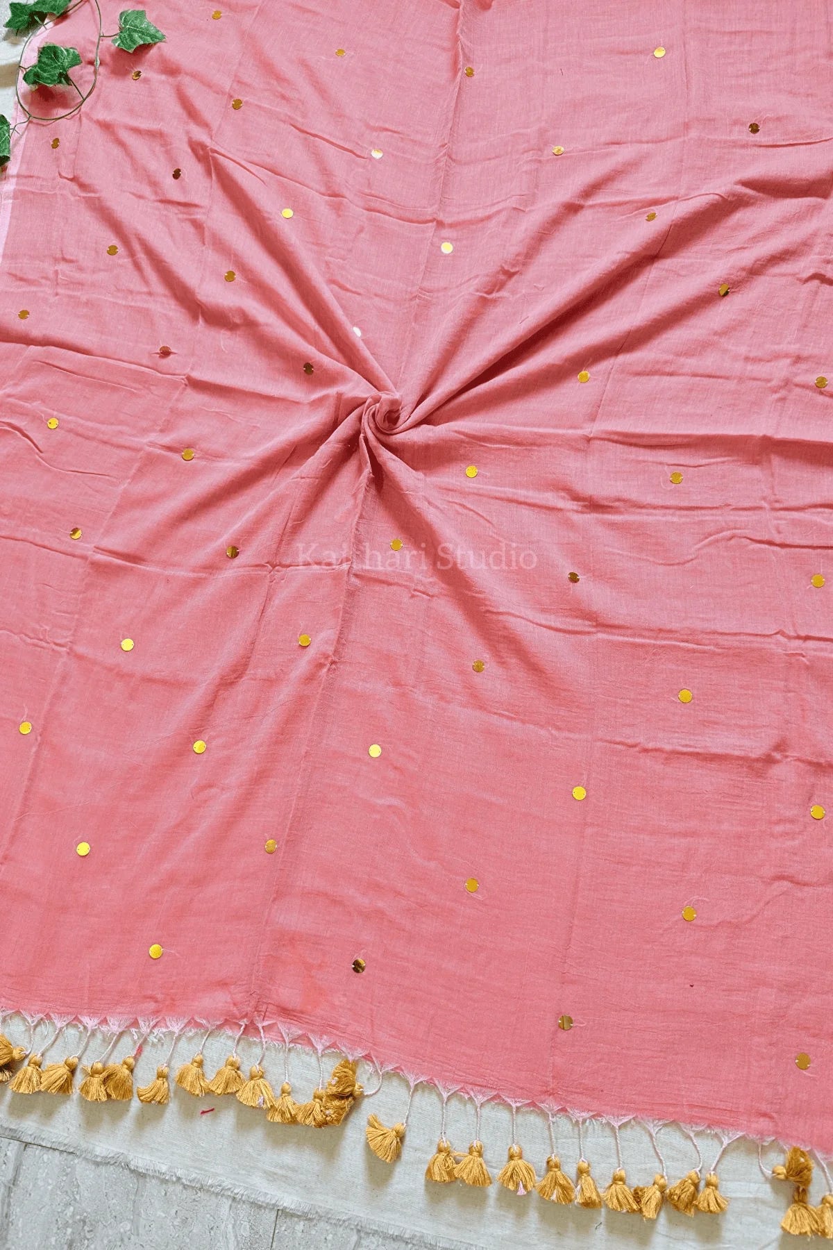 Rashmika Mandanna Inspired Mul Cotton Sequins Saree – Light Peach KS129