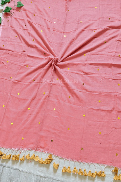 Rashmika Mandanna Inspired Mul Cotton Sequins Saree – Light Peach KS129