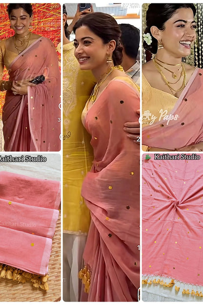 Rashmika Mandanna Inspired Mul Cotton Sequins Saree – Light Peach KS129