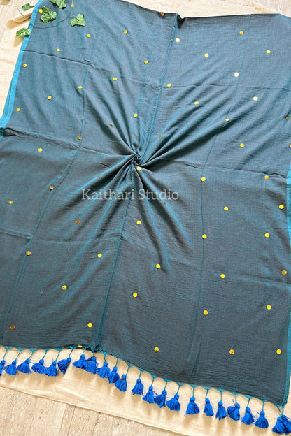 Rashmika Mandanna Inspired Saree Mul Cotton Sequins Saree – Blue KS130