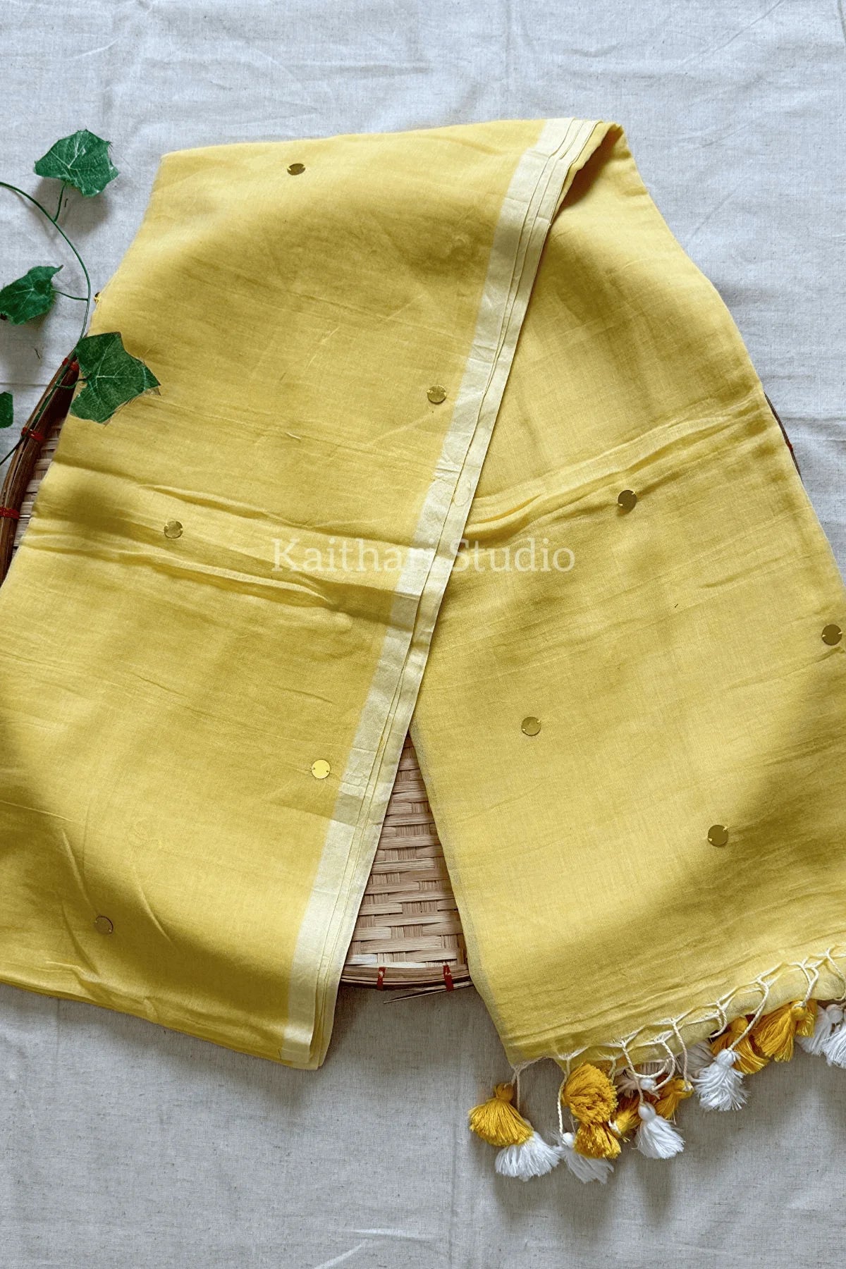 Rashmika Mandanna Inspired Saree Mul Cotton Sequins Saree – Yellow KS131