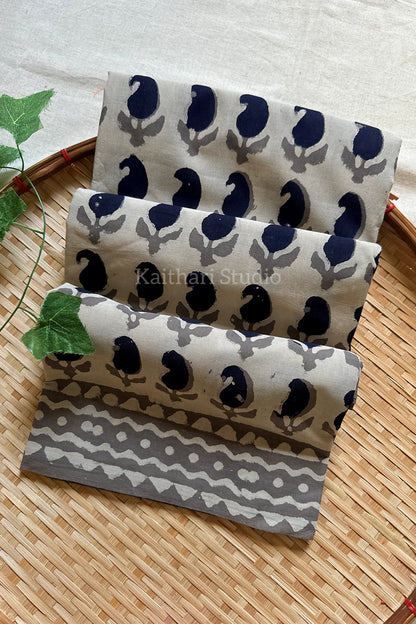 Handblock Printed Mul Mul Cotton - Light Ash - KS113
