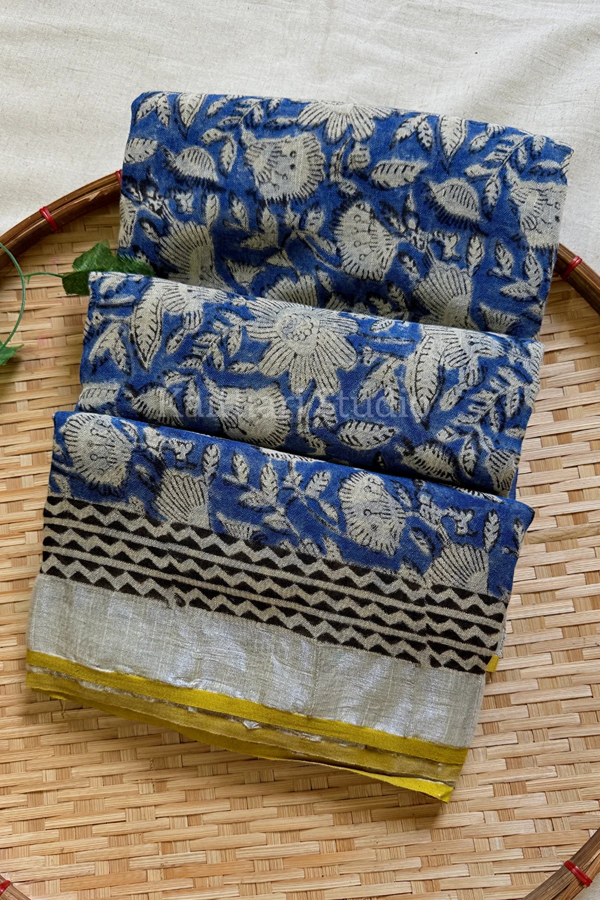 Handblock Printed Linen Cotton - Blue with Sandal - KS117