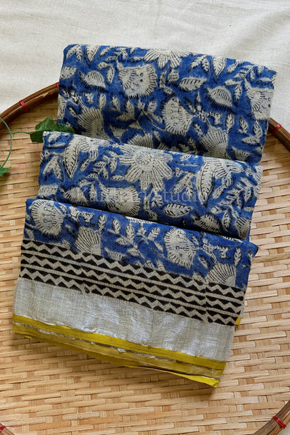 Handblock Printed Linen Cotton - Blue with Sandal - KS117