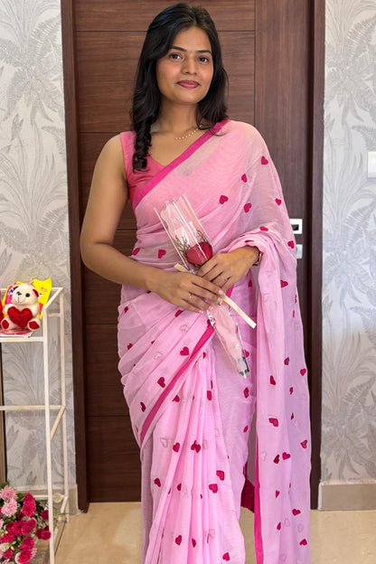 Heart Embroidery Mul Cotton Sarees - Light Pink- KS046