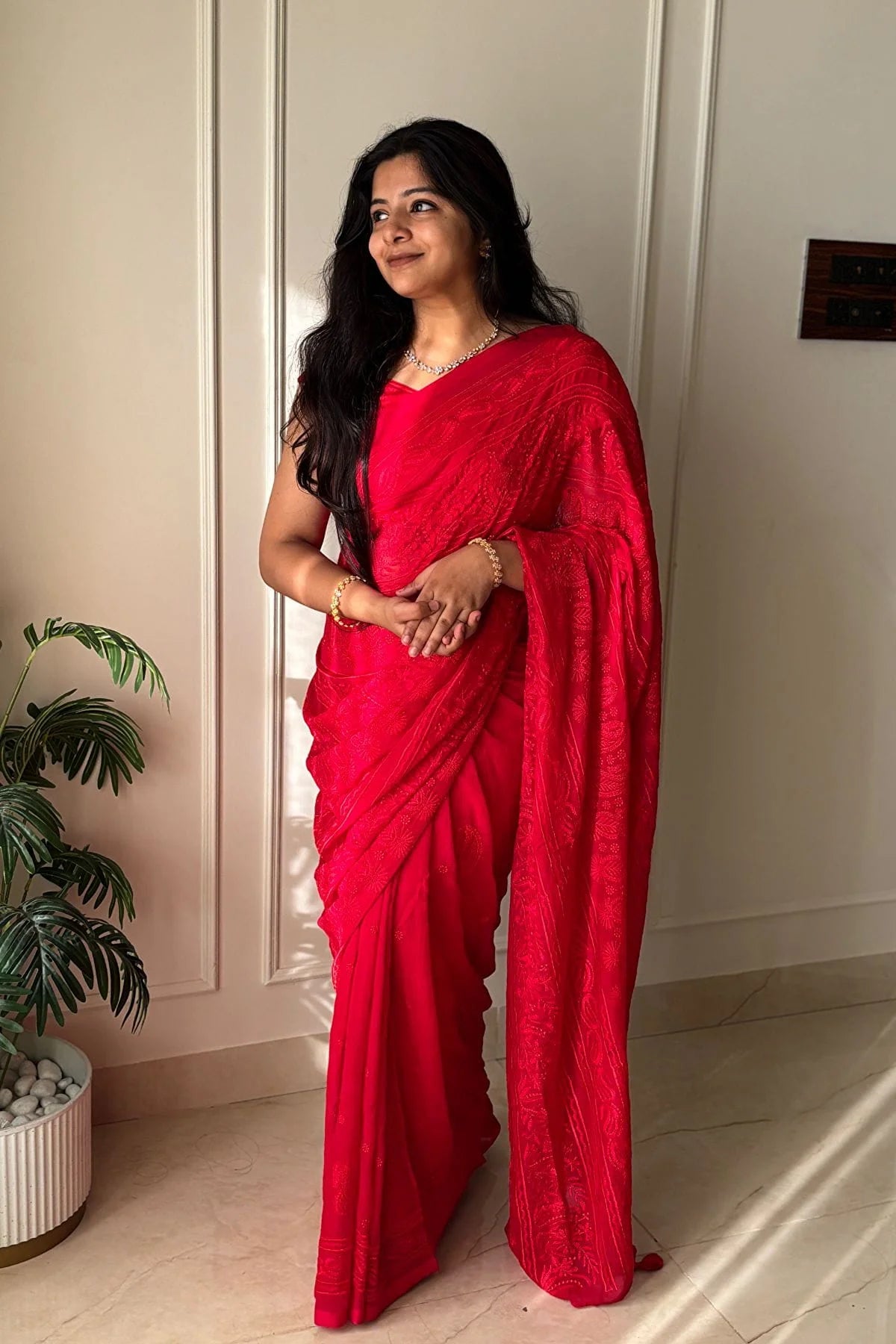 Chikankari Embroidery Mul Cotton Saree - Red -KS097