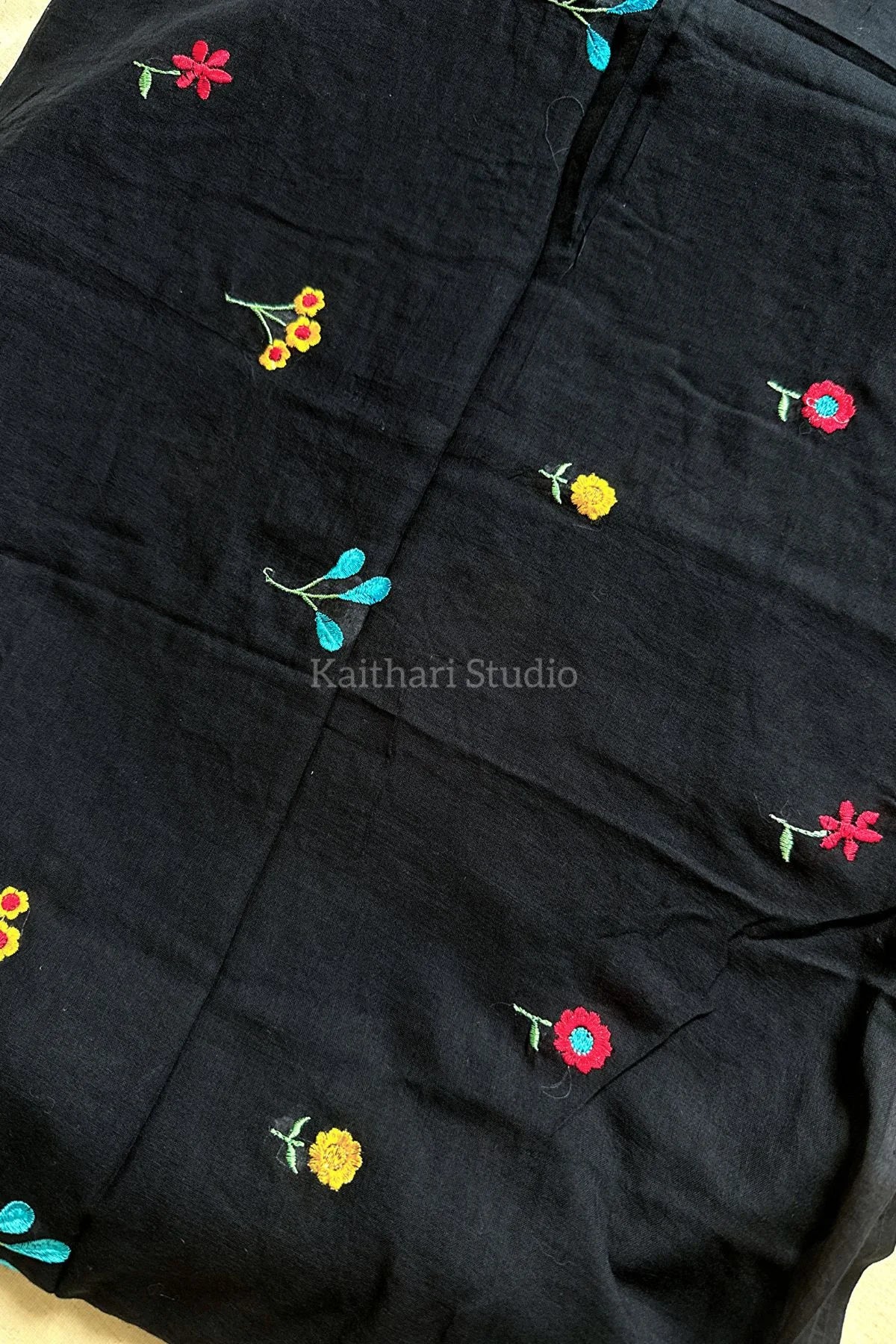 Multicolor Embroidery Mul Cotton Saree – Black - KS092
