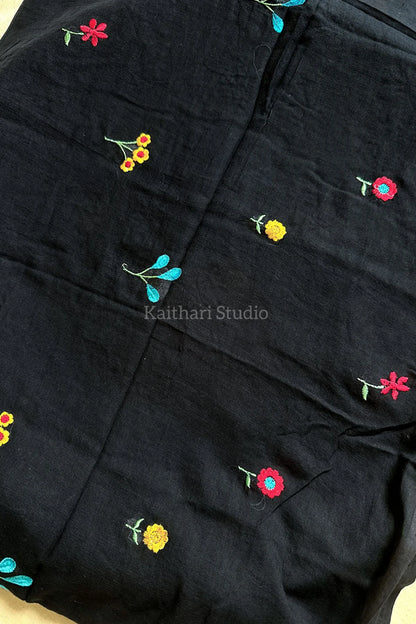 Multicolor Embroidery Mul Cotton Saree – Black - KS092