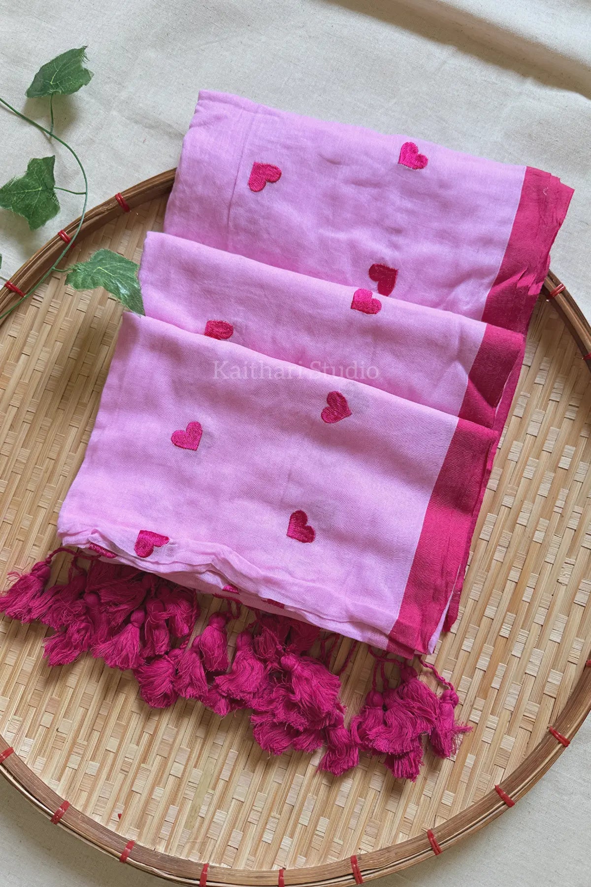Heart Embroidery Mul Cotton Sarees - Light Pink- KS046