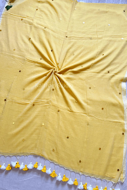 Rashmika Mandanna Inspired Saree Mul Cotton Sequins Saree – Yellow KS131