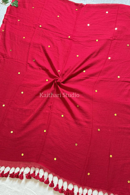 Rashmika Mandanna Inspired Saree Mul Cotton Sequins Saree – Red KS132