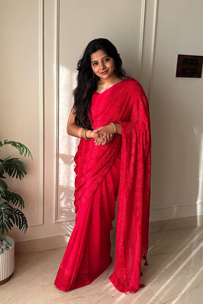 Chikankari Embroidery Mul Cotton Saree - Red -KS097