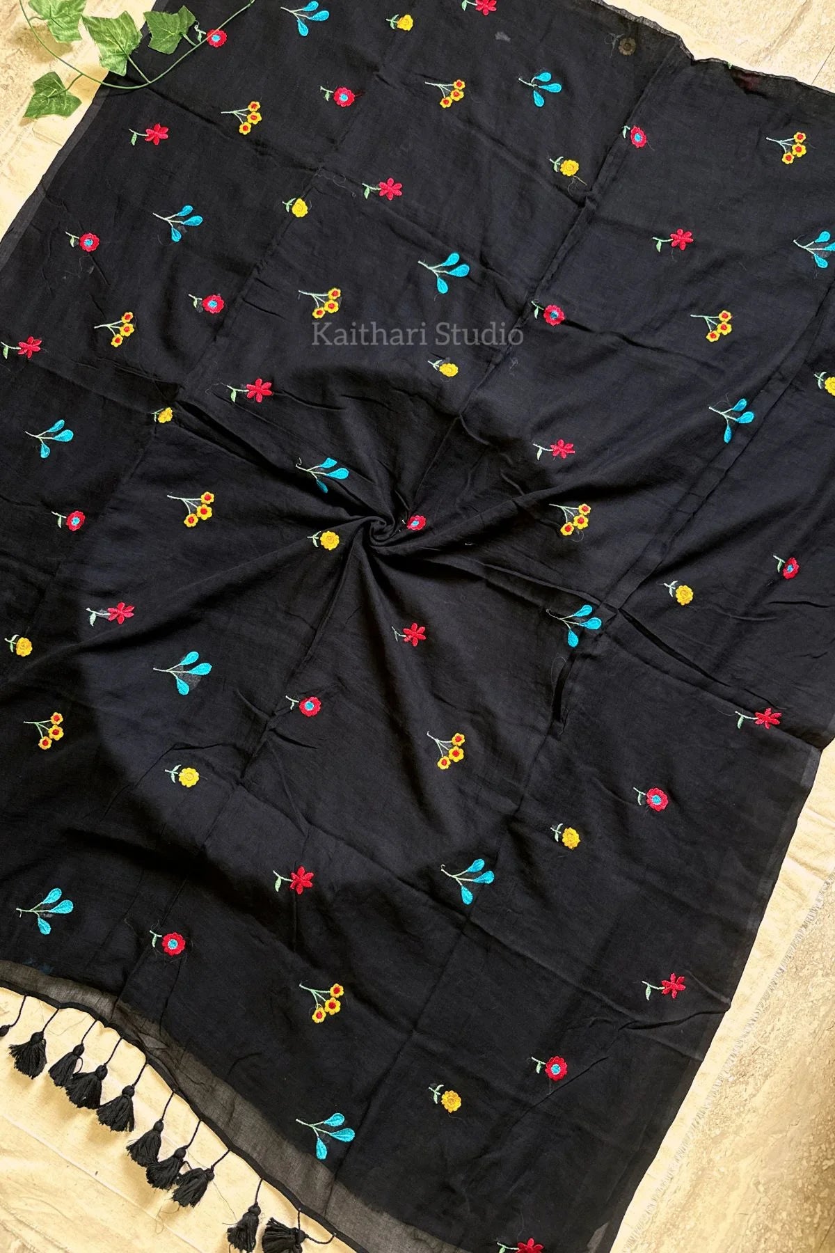 Multicolor Embroidery Mul Cotton Saree – Black - KS092