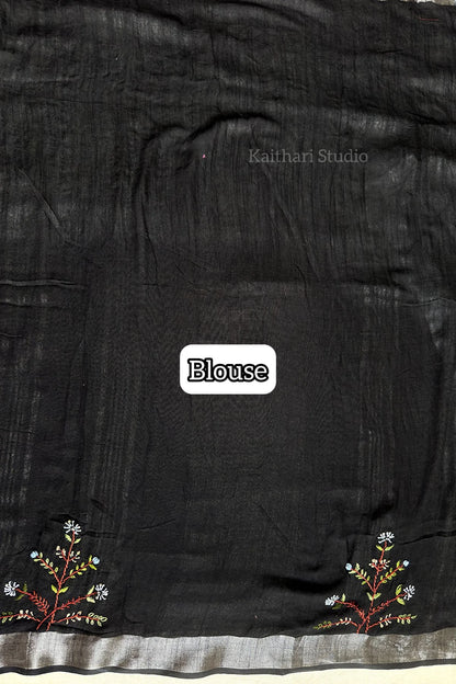 Hand Embroidered Linen Cotton Saree- Black - KS083
