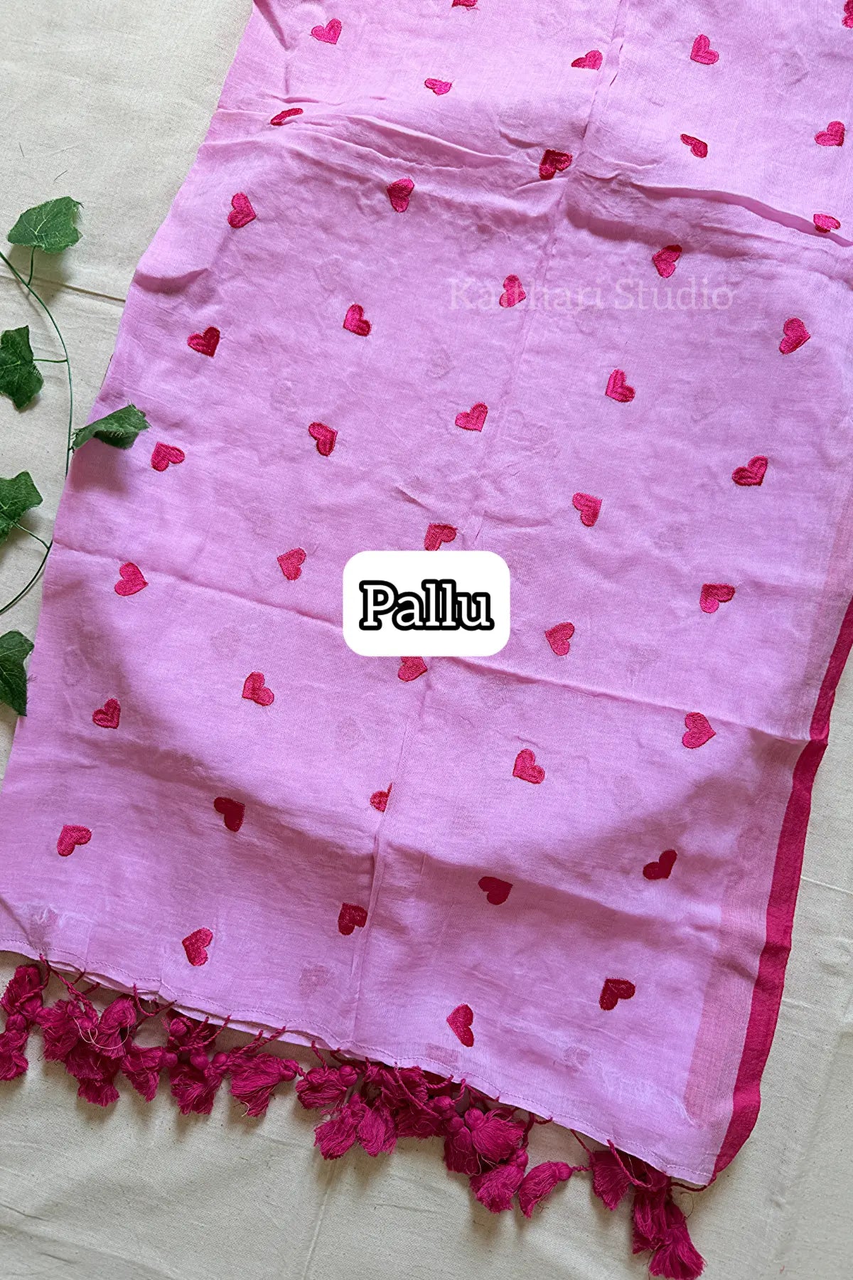 Heart Embroidery Mul Cotton Sarees - Light Pink- KS046