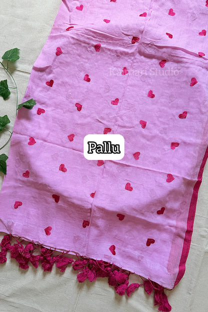 Heart Embroidery Mul Cotton Sarees - Light Pink- KS046