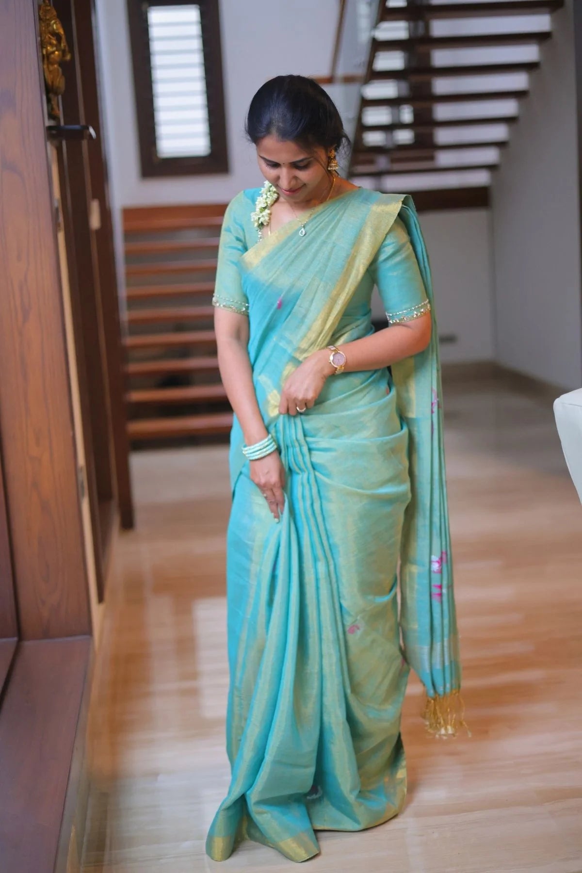 Handloom Tulip Linen Zari Saree - Aqua Green - KS106