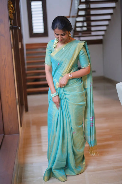 Handloom Tulip Linen Zari Saree - Aqua Green - KS106