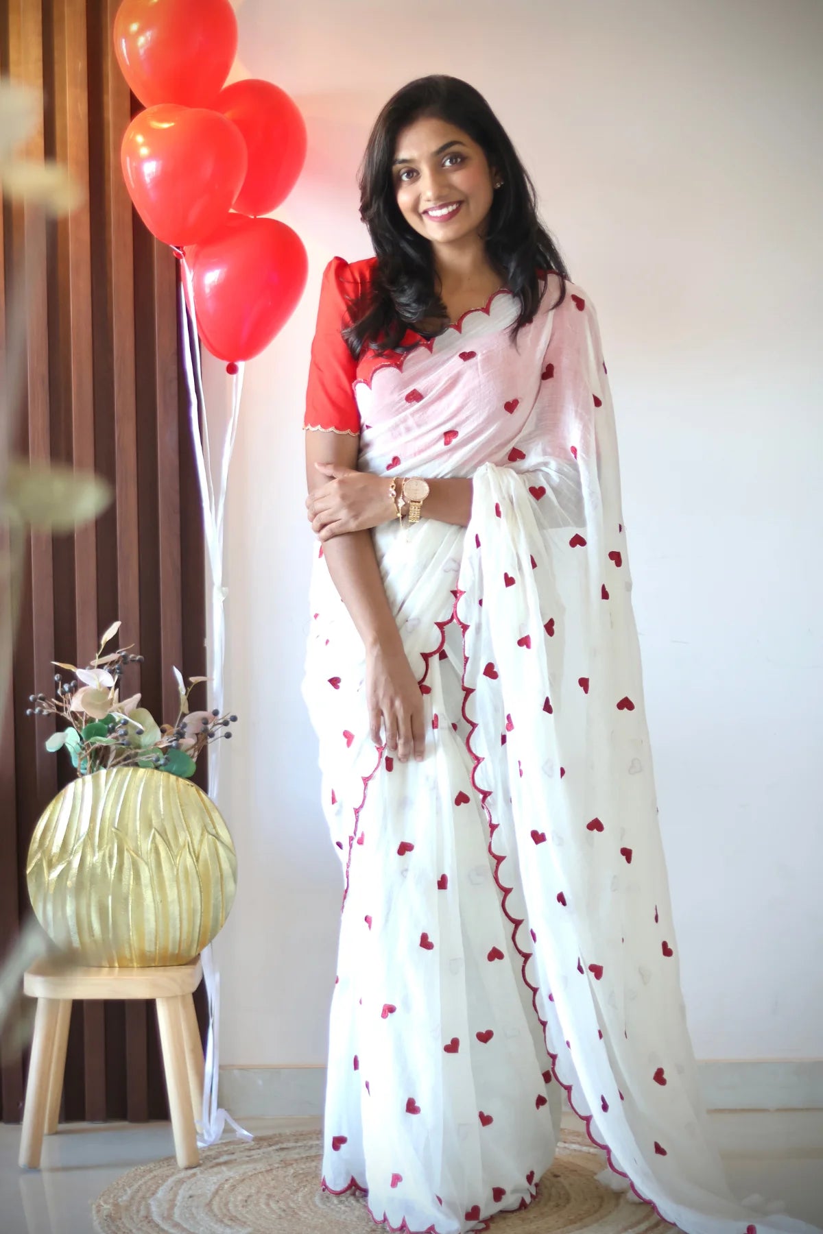 Heart Embroidery Scalloped Mul Cotton Sarees – Cream with Maroon - KS112