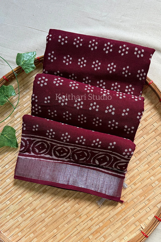 Handblock Printed Linen Cotton - Maroon KS120