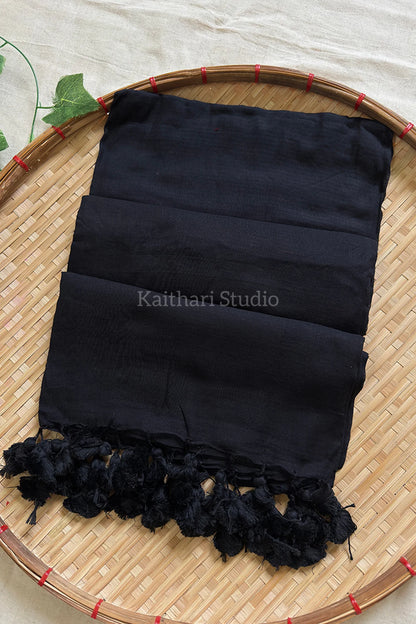 Black Plain Mul Cotton Saree KS124