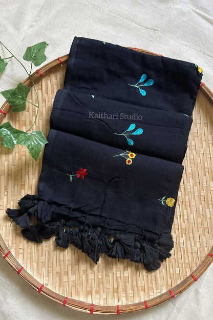 Multicolor Embroidery Mul Cotton Saree – Black - KS092