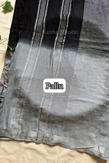 Hand Embroidered Linen Cotton Saree- Black - KS083