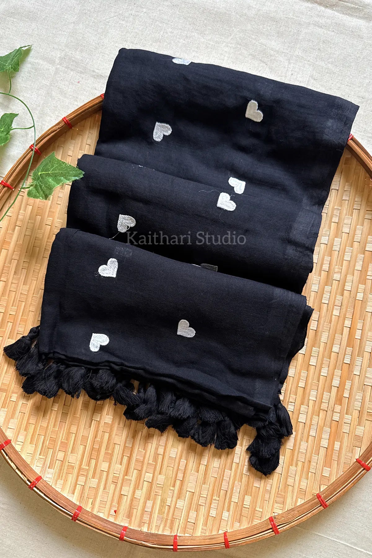 Heart Embroidery Mul Cotton Sarees - Black- KS045
