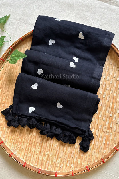 Heart Embroidery Mul Cotton Sarees - Black- KS045