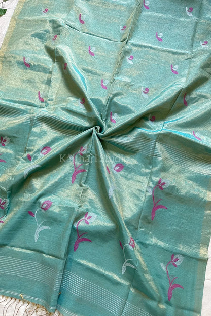 Handloom Tulip Linen Zari Saree - Aqua Green - KS106