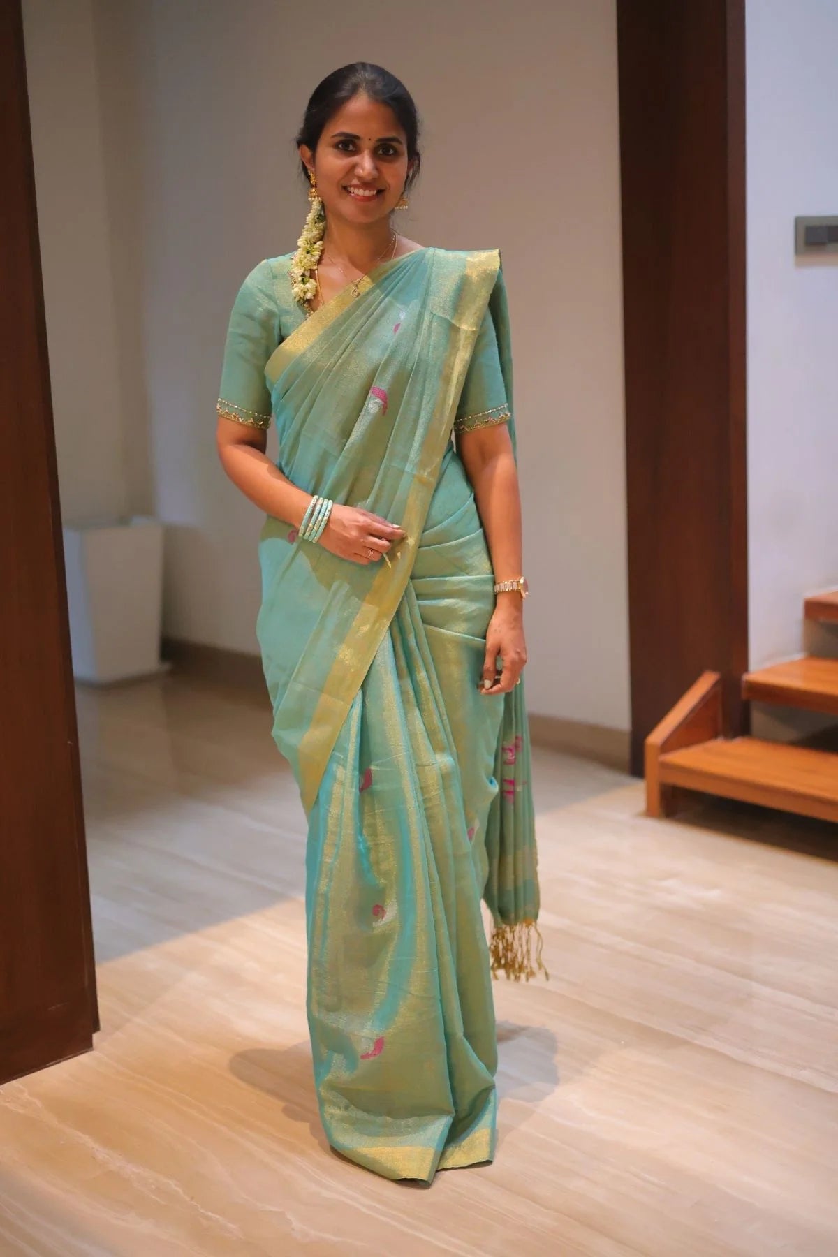 Handloom Tulip Linen Zari Saree - Aqua Green - KS106
