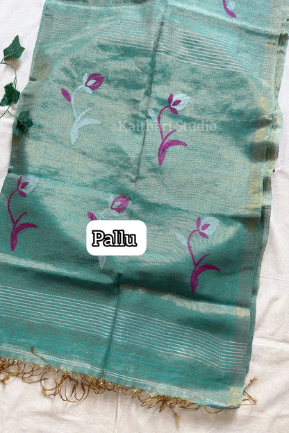 Handloom Tulip Linen Zari Saree - Aqua Green - KS106