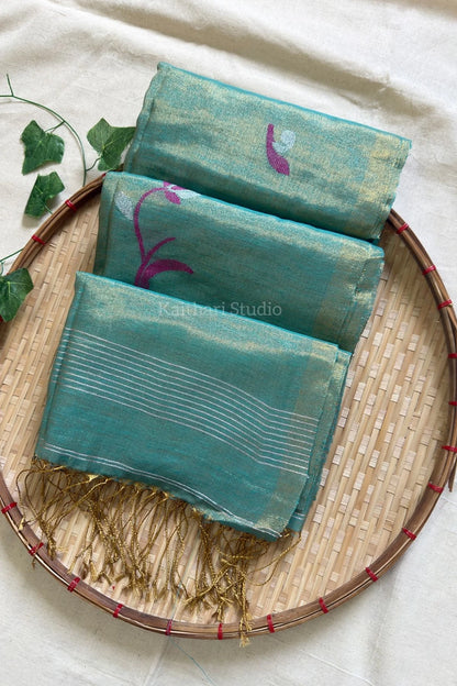 Handloom Tulip Linen Zari Saree - Aqua Green - KS106