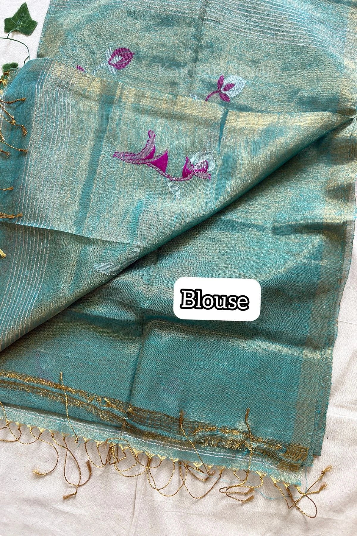 Handloom Tulip Linen Zari Saree - Aqua Green - KS106