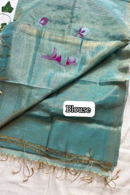 Handloom Tulip Linen Zari Saree - Aqua Green - KS106